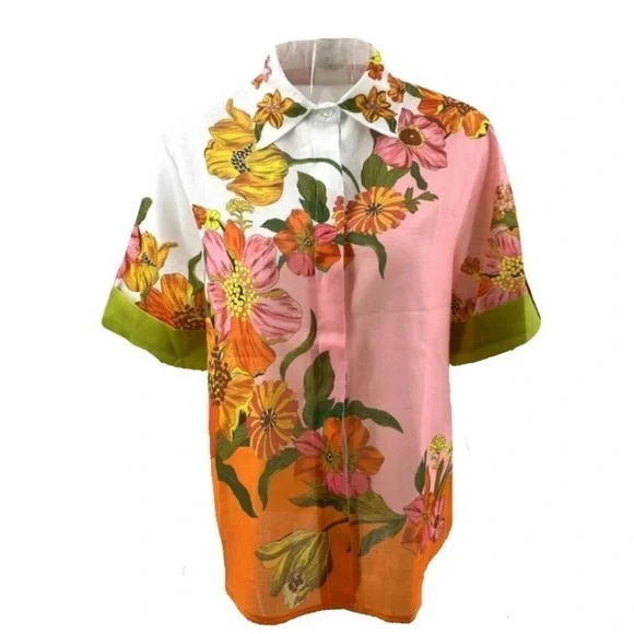 Bohemian Floral Print Shirt & Pants Cotton Linen Short Sleeve Two Piece Set - Picture 8 of 12